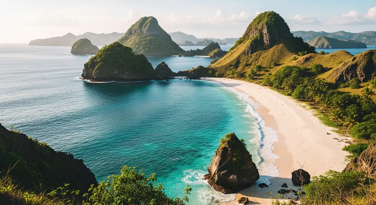 Remote Banda Islands coastline with turquoise water and volcanic ridges