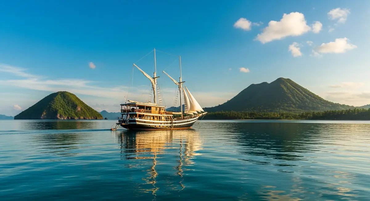 Traditional Indonesian phinisi liveaboard anchored in the calm Banda Sea