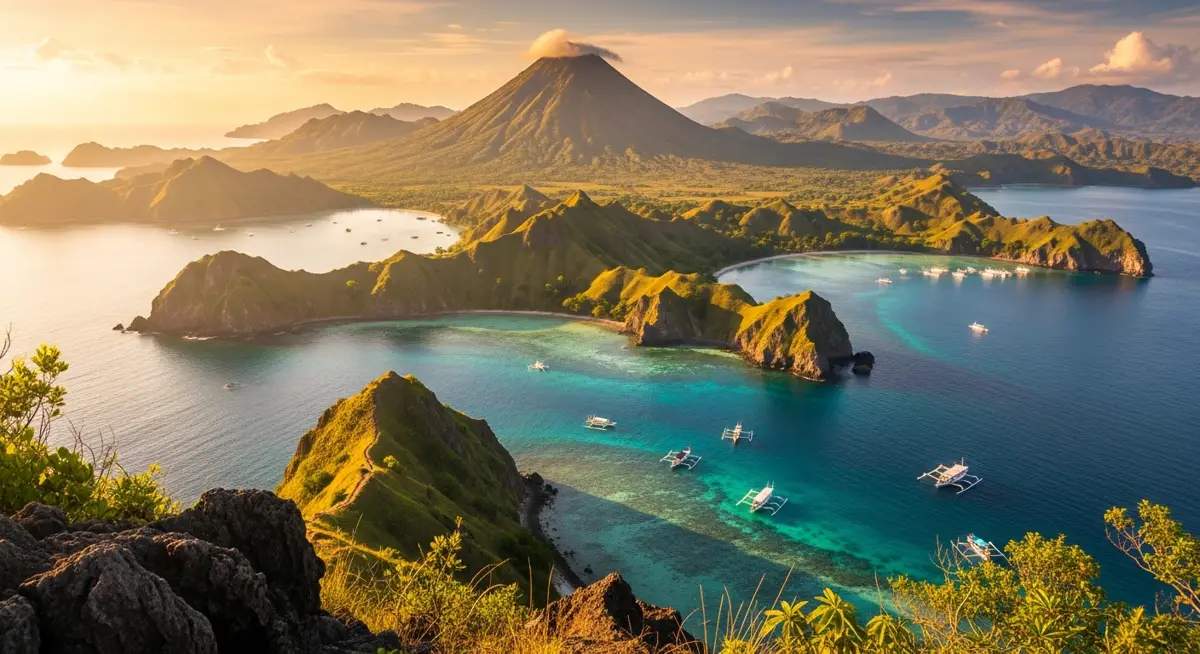 Fort and island viewpoint over the Banda archipelago at golden hour