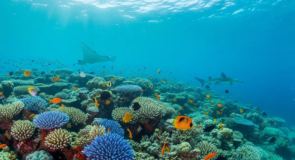 Coral reef and reef fish in the clear blue water of the Banda Sea